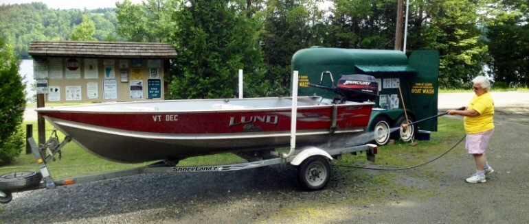 Washing a watercraft after use can help prevent the spread of aquatic invasives